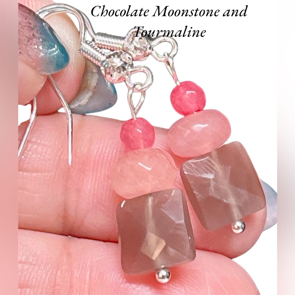 💖Pink Tourmaline and genuine Chocolate Moonstone Dangle Earrings